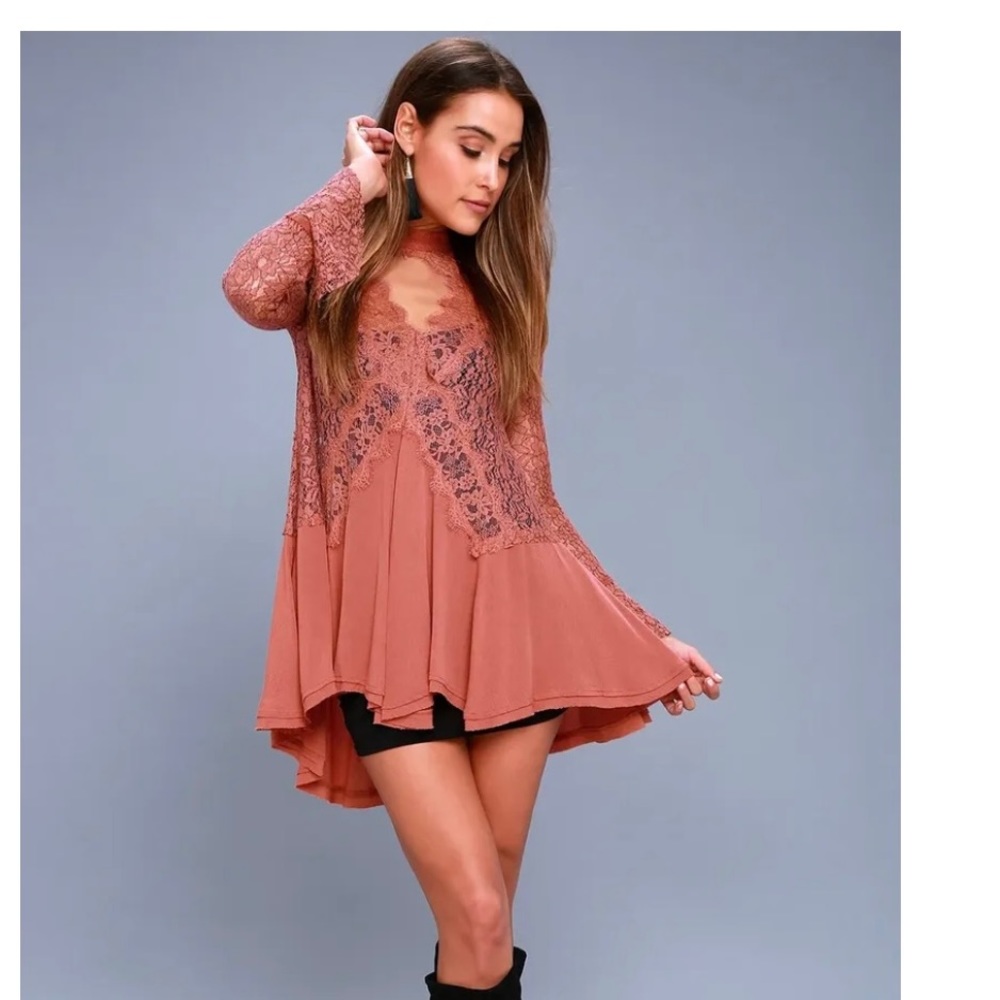 Free People Tell Tale Lace Dress Cutout Tunic Mini Rusty Rose Long Sleeve Size S